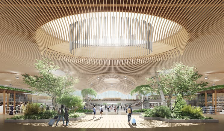 Futuristic looking green eco-friendly airport with biophilic design