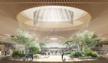 Futuristic looking green eco-friendly airport with biophilic design