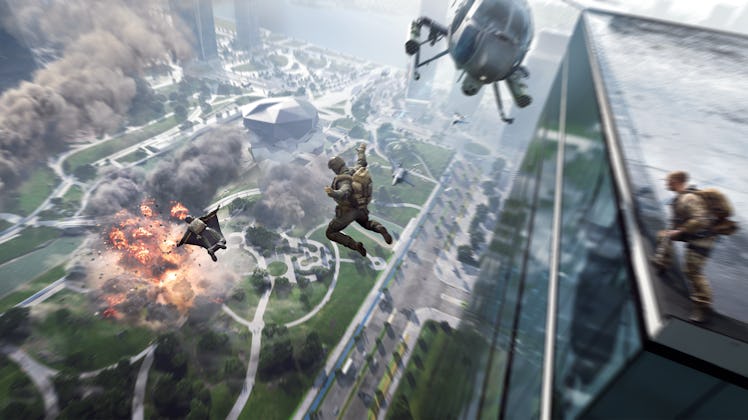 Battlefield 2042 Operators jumping from a building