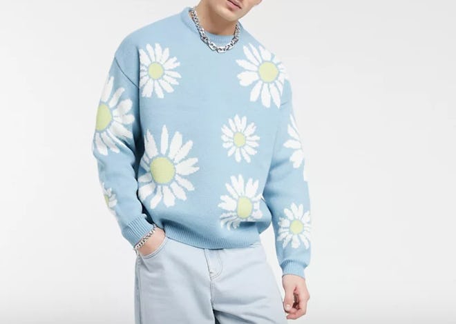 Knit Oversized Sweater With Floral Design