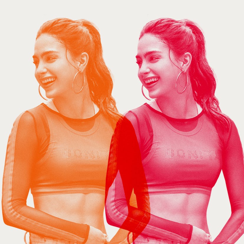 A two-part collage of Melissa Barrera in a white crop top and mesh shirt in orange and in pink color...