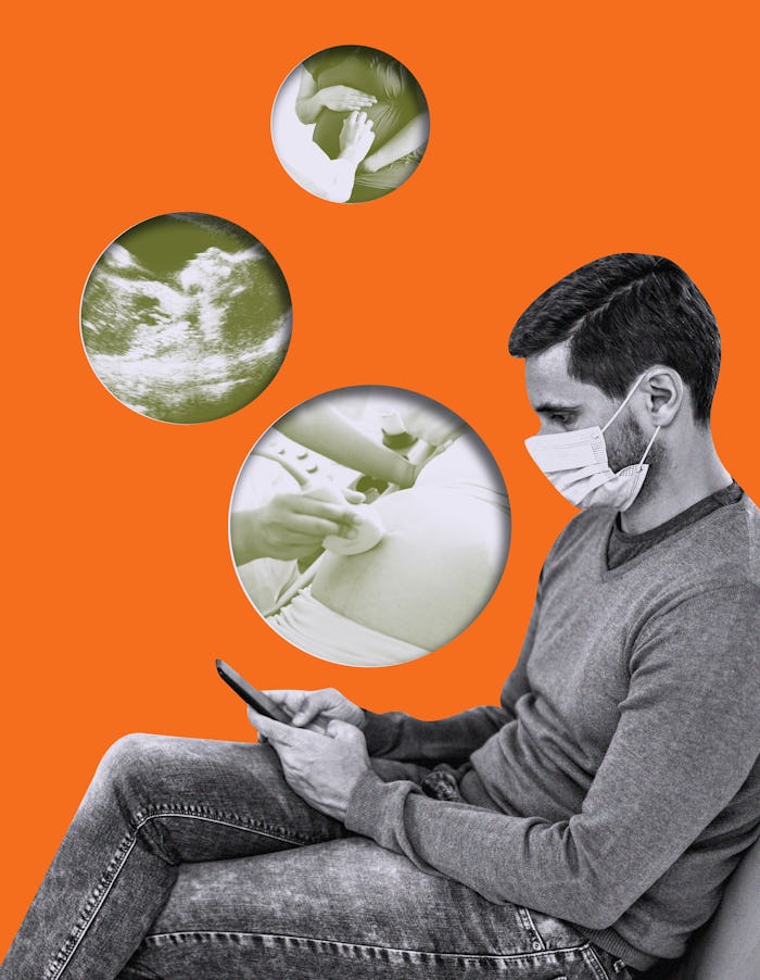A man with a face mask on his phone with bubbles of ultrasounds around him