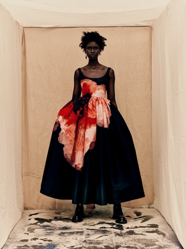 model in floral dress by Alexander McQueen