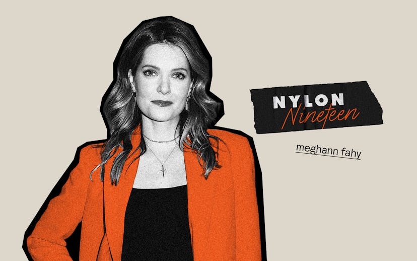 Meghan Fahy in black and white with blazer highilghted in orange next to the Nylon Nineteen logo