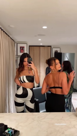 Kendall Jenner and Hailey Bieber wear matching two-pice sets.