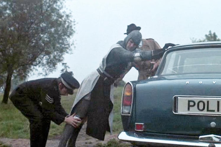 Sir Lancelot is arrested by modern-day police officers in Monty Python and the Holy Grail.