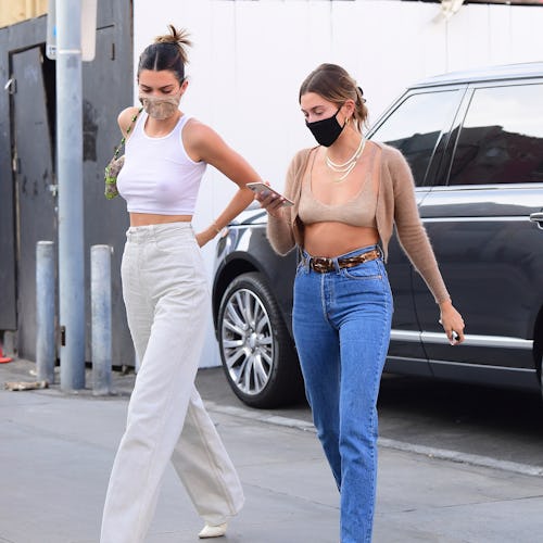 Kendall Jenner and Hailey Bieber are seen on October 7, 2020 in Los Angeles, California.