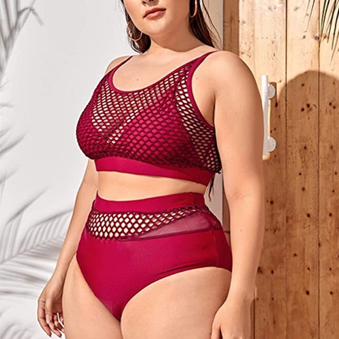 Floerns Plus-Size Fishnet High Waisted Two-Piece Swimsuit