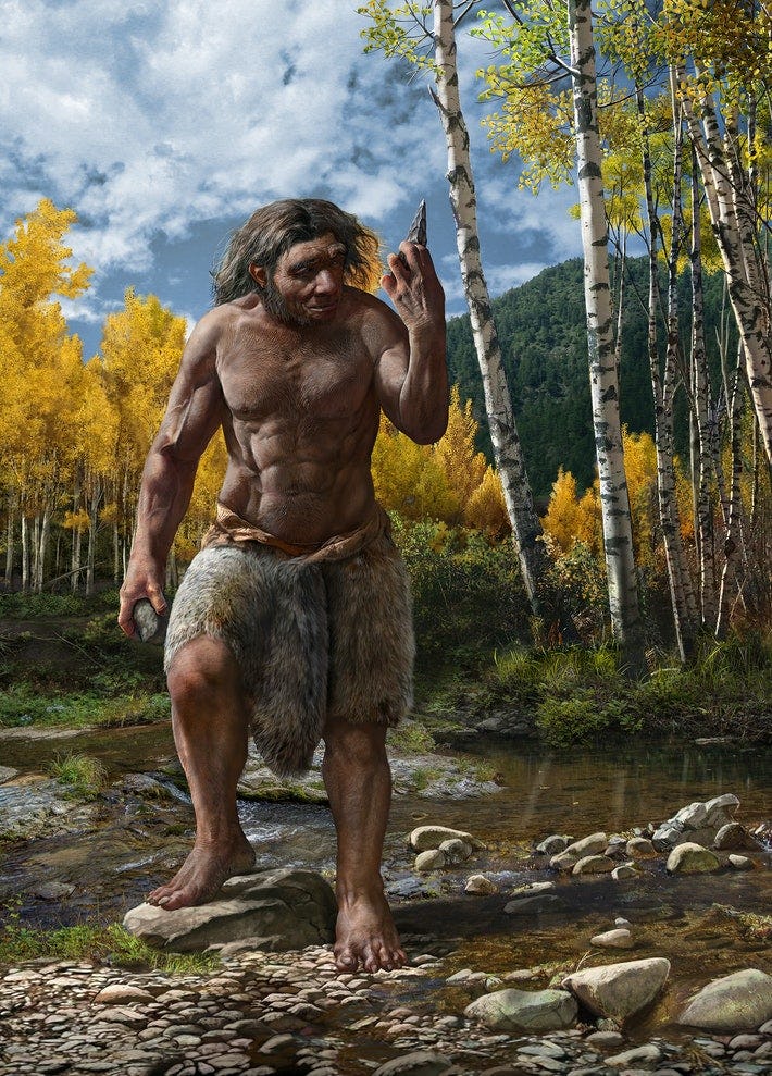 A painting of an early human walking across a creek with a stone tool in his hand