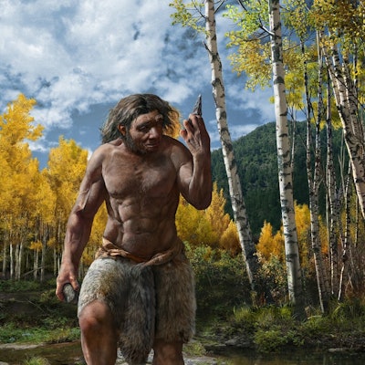 A painting of an early human walking across a creek with a stone tool in his hand