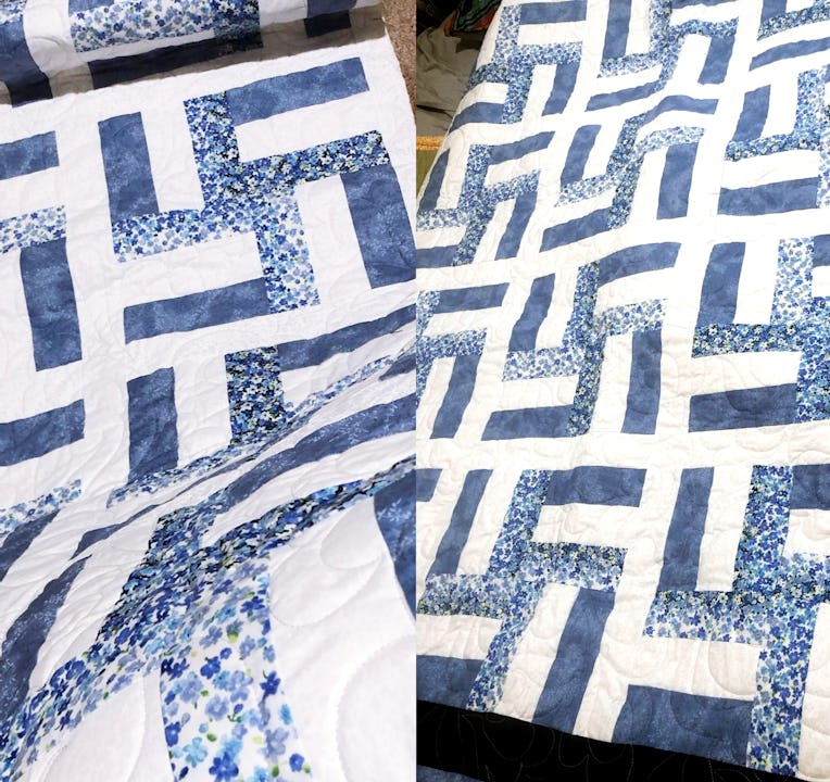 A diptych of a quilt in a blue and white pattern that kinda looks like swastikas.
