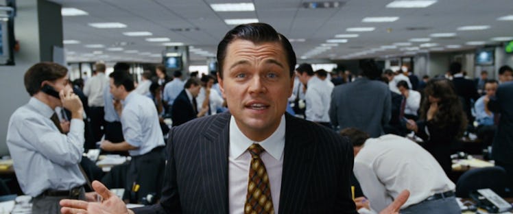 Leonardo DiCaprio looks at the camera in his role as Jordan Belfort, aka the wolf of wall street