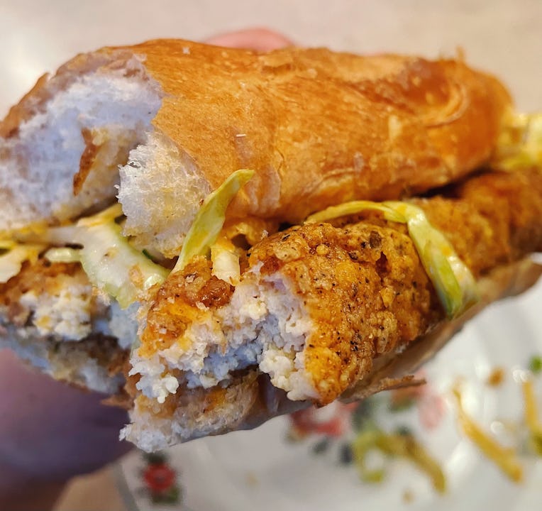 A breaded and fried tofu sandwich.