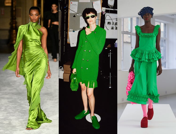 Collage pictures of women wearing all-green outfits
