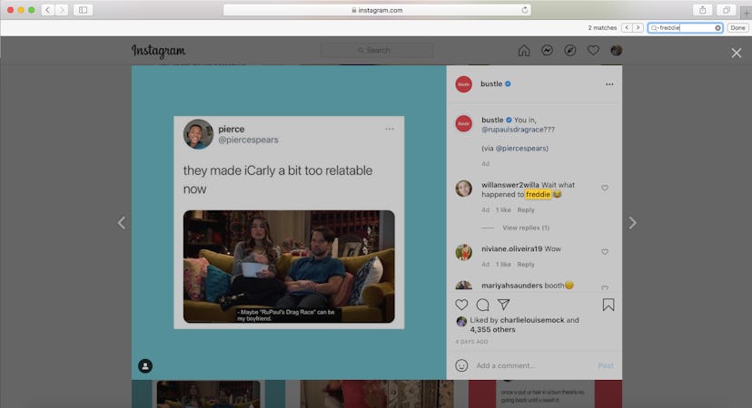 A screenshot of Bustle's Instagram demonstrating how to search for comments on Instagram.
