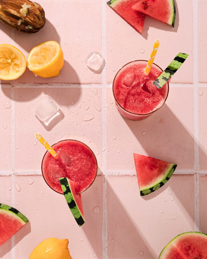 Top-view of smoothies with watermelon garnishes