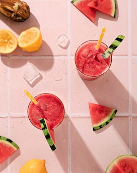 Top-view of smoothies with watermelon garnishes
