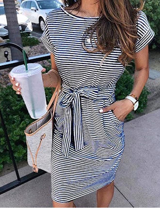 MEROKEETY Summer Striped T-Shirt Dress