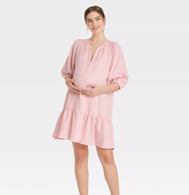 The Nines by HATCH Puff 3/4 Sleeve Maternity Dress in Pink