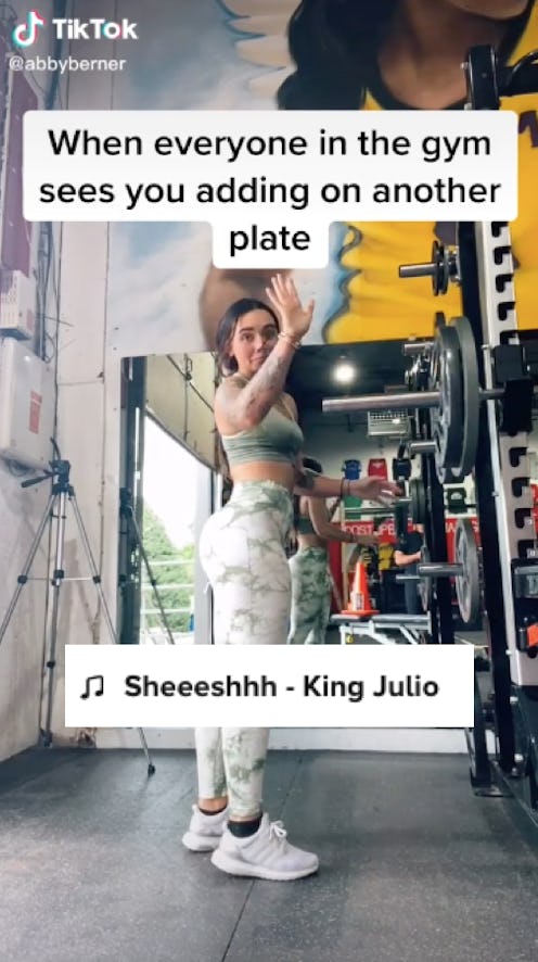 A TikTok where a user adds another plate to a weight, where the sound is "sheesh." What does "sheesh...