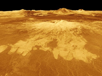 A NASA simulation of a volcano on Venus called Sapas Mons.