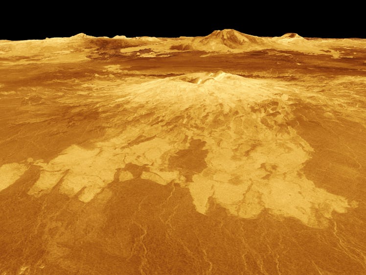 A NASA simulation of a volcano on Venus called Sapas Mons.