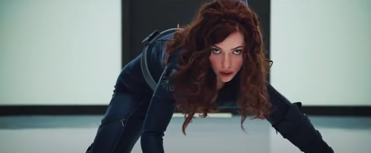 Black Widow lunging in her pose from the Marvel Cinematic Universe films about to say a Black Widow ...