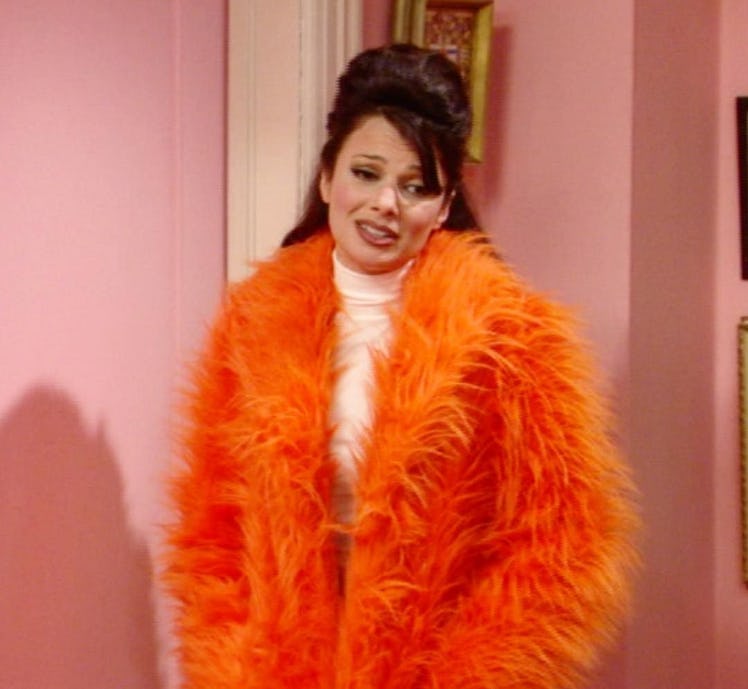 The Nanny's Fran Fine wearing a bright orange fur coat, styled by costume designer Brenda Cooper