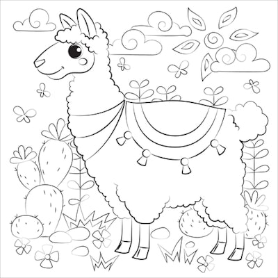 a kids coloring page featuring a cartoon llama with big eyes, wearing a blanket