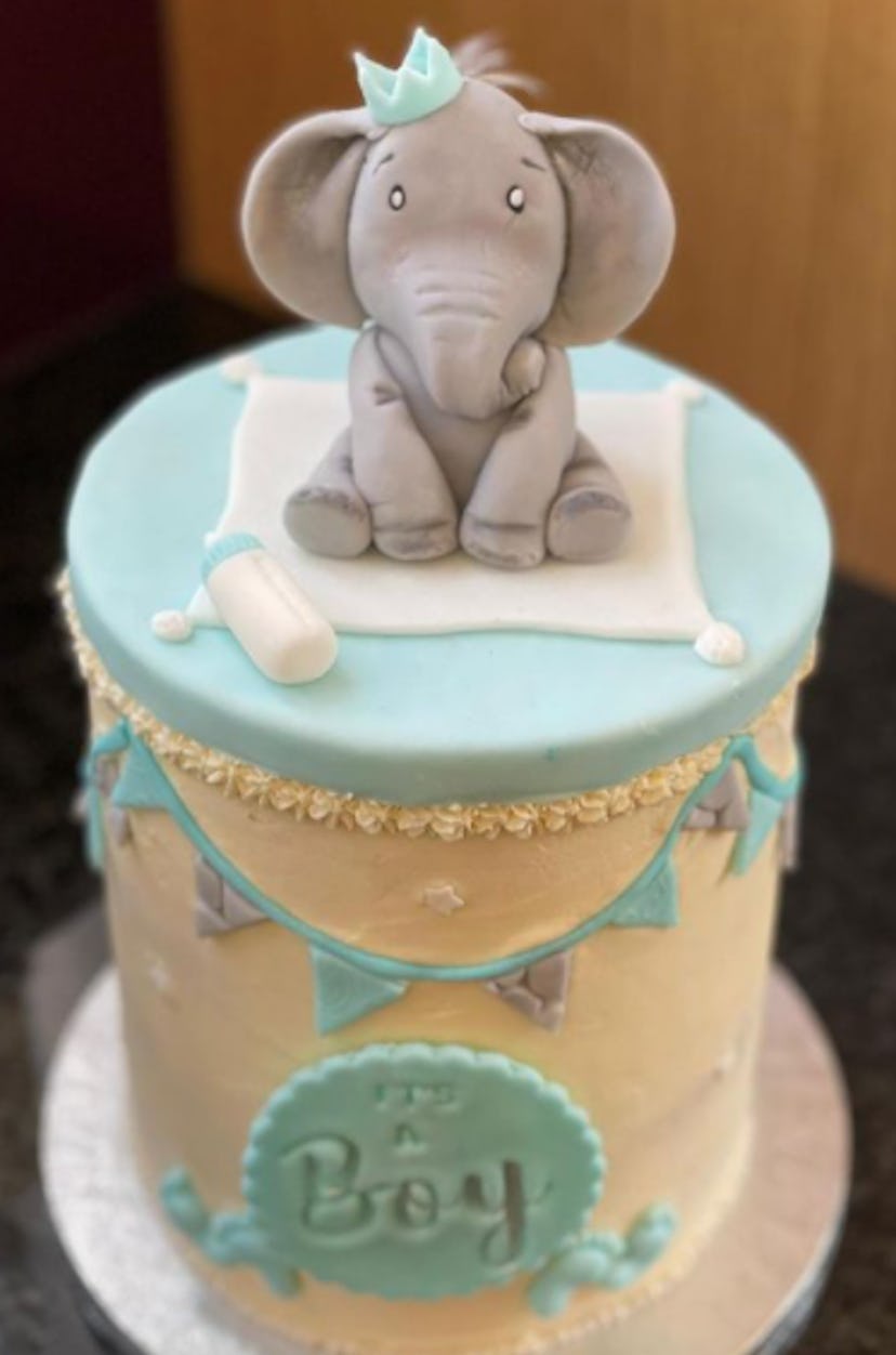 An elephant baby boy shower cake