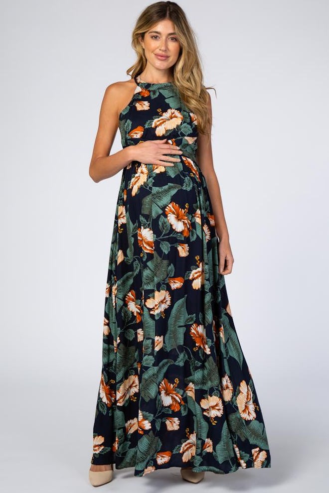 Navy Blue Palm Print Cross Back Maternity Maxi Dress