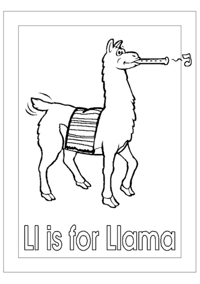a kids coloring page featuring a llama playing an woodwind instrument with the words "ll is for llam...