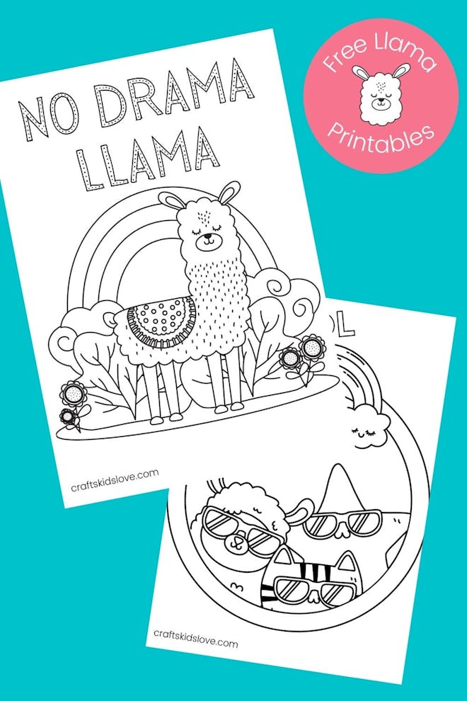 a kids coloring page featuring a cartoon llama with rainbow and the words "no drama llama"