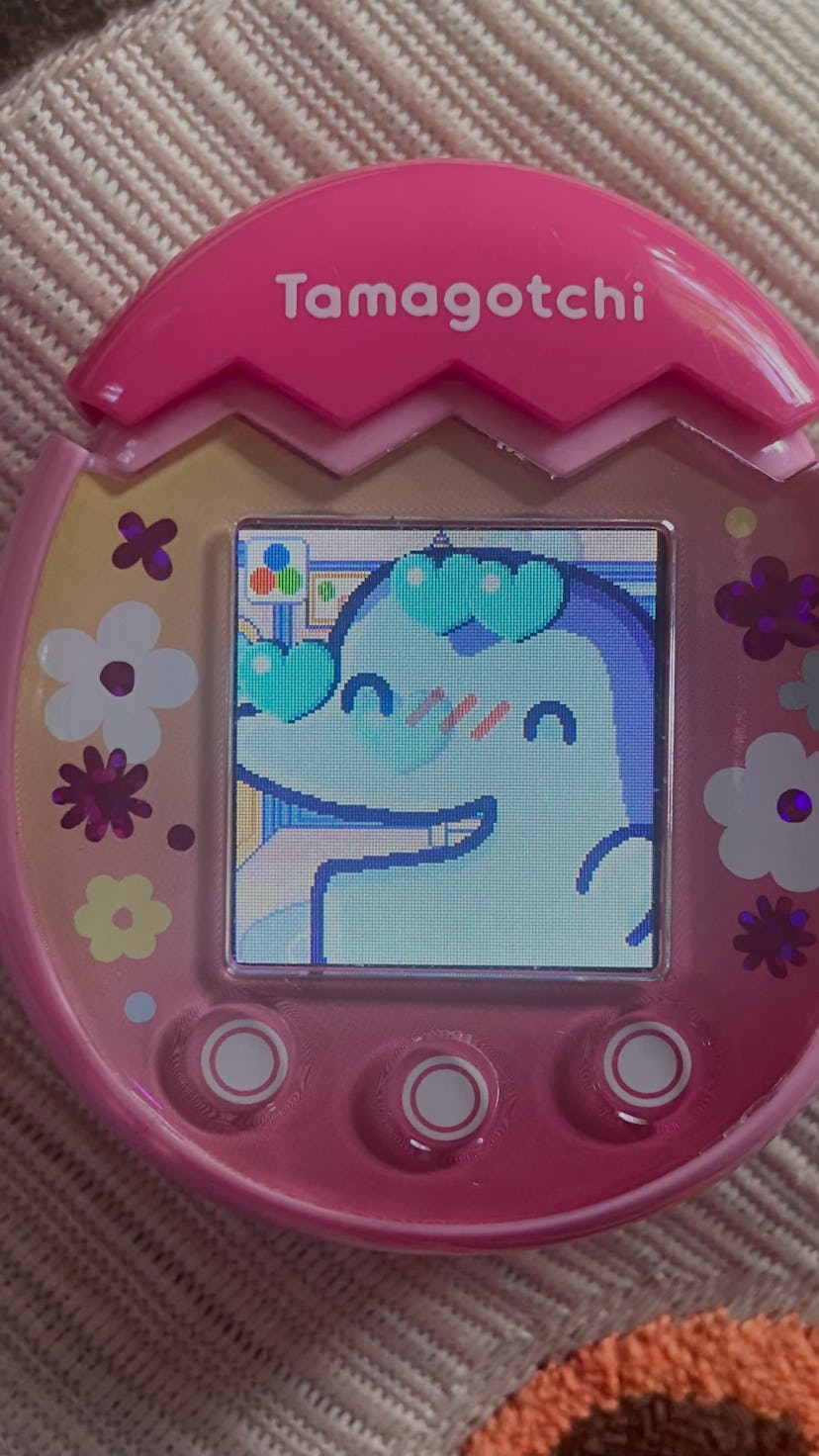 A pink Tamagotchi Pix is pictured with the character Ginjirotchi up close looking happy