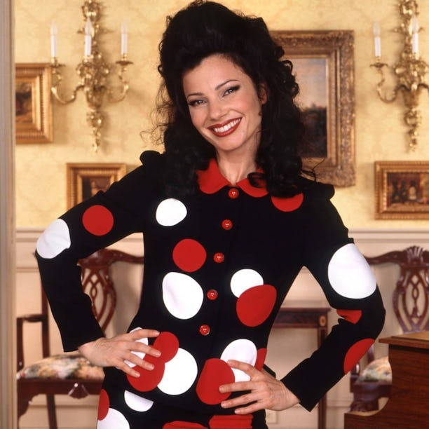 Fran Drescher poses as 'The Nanny's Fran Fine in a black suit with red and white buttons and polka d...