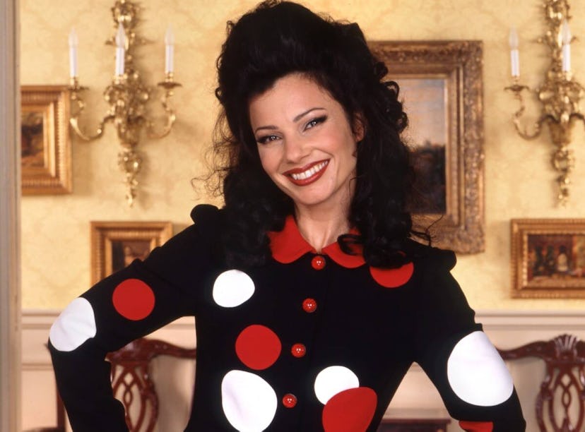 Fran Drescher poses as 'The Nanny's Fran Fine in a black suit with red and white buttons and polka d...