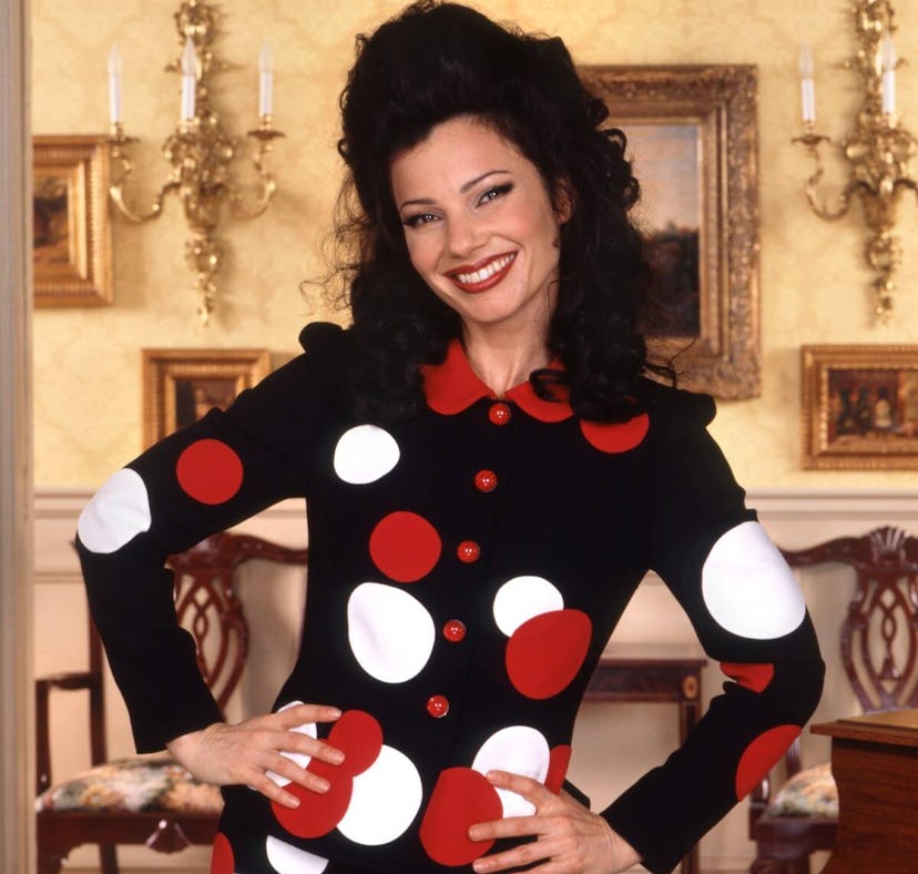 Fran Drescher poses as 'The Nanny's Fran Fine in a black suit with red and white buttons and polka d...