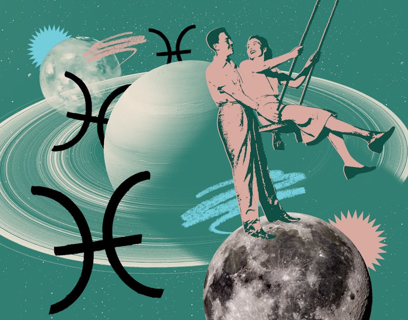 Man pushing a woman on a swing, looking at her lovingly with the Pisces signs and planets around the...