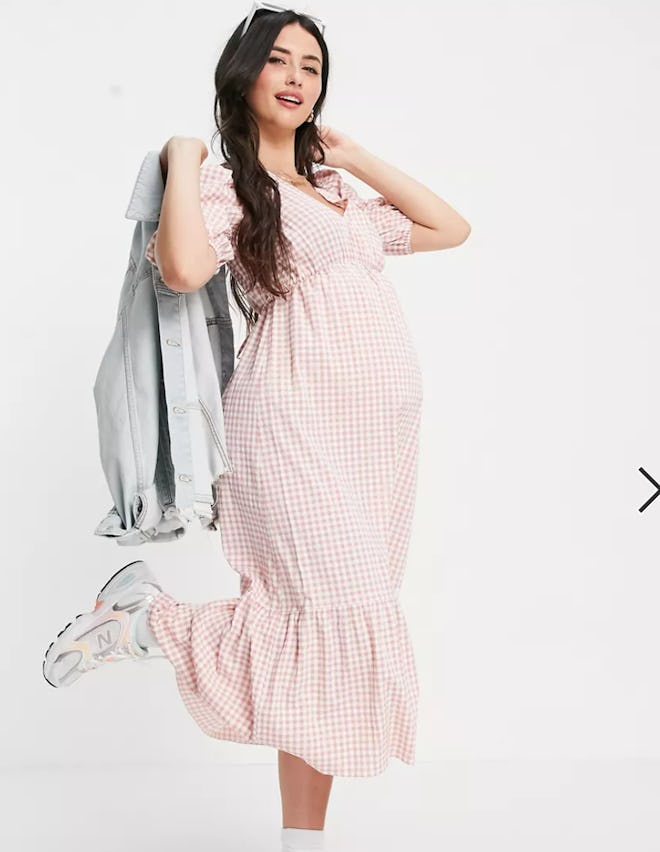 New Look Maternity Short Sleeve Wrap Tiered Dress in Pink Gingham