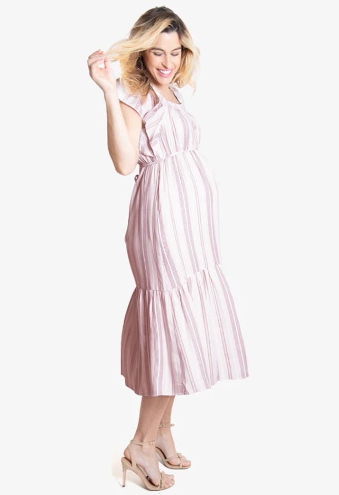 Flutter Sleeve Maternity Midi Dress in Pink Multistripe