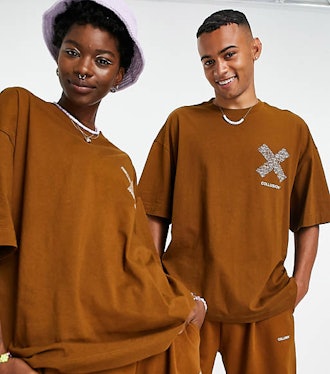 Unisex oversized t-shirt with print in brown co-ord