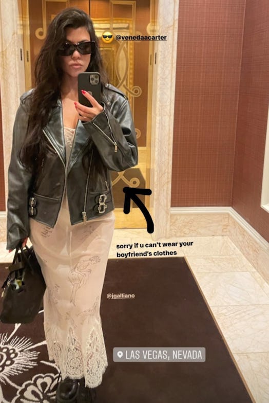 Kourtney Kardashian wears Travis Barker's leather moto jacket on Instagram stories on July 11, 2020.