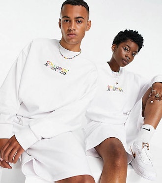 Unisex pulled in sweatshirt with embroidery in white co-ord