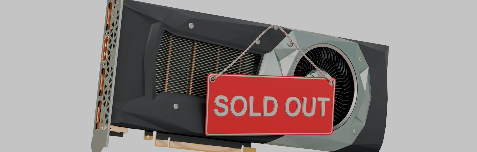 Video card with Sold Out sign. Shortages of GPU concept, 3D rendering isolated on white background