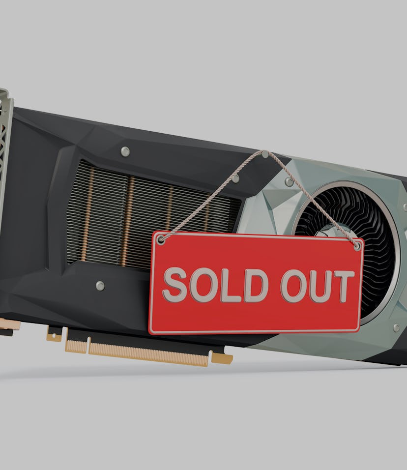 Video card with Sold Out sign. Shortages of GPU concept, 3D rendering isolated on white background