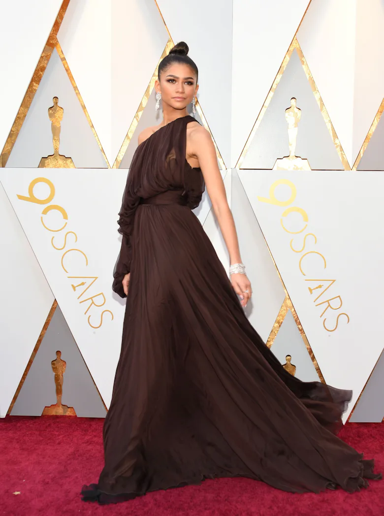 Zendaya posing in a brown dress