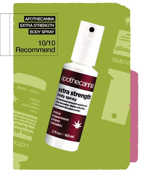 A collage photo of Apothecanna's Extra Strength Body Spray, a CBD-spiked pain reliever and it's 10/1...
