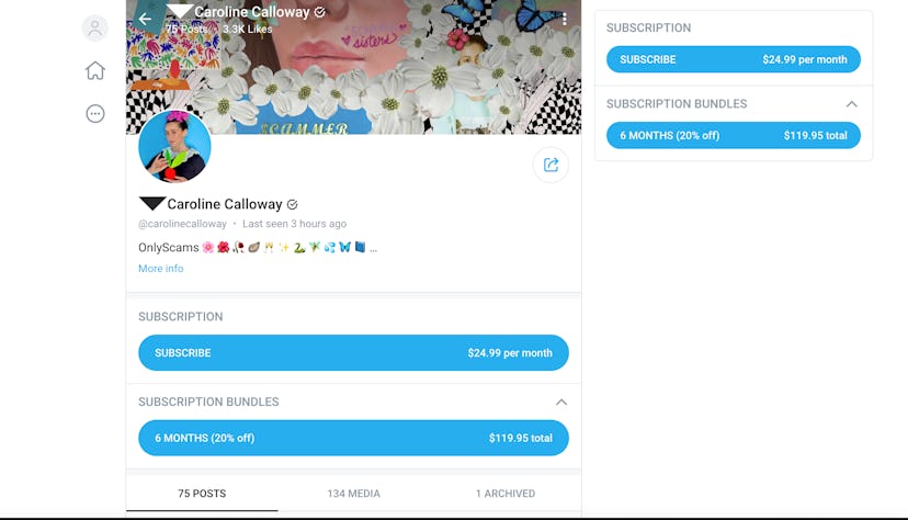 A screenshot of Caroline Calloway's OnlyFans page showing how to subscribe to OnlyFans.