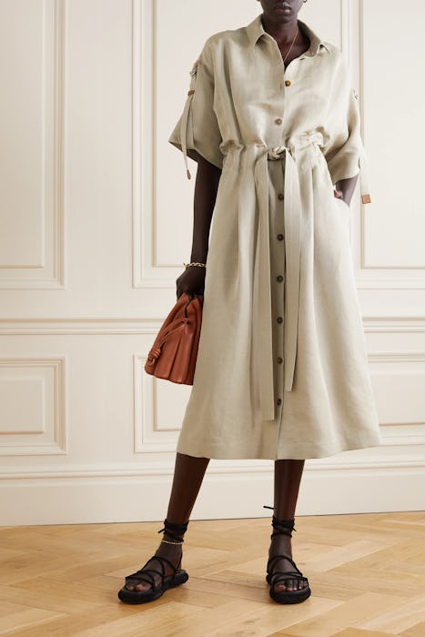 Belted Leather-Trimmed Linen-Blend Midi Shirt Dress
