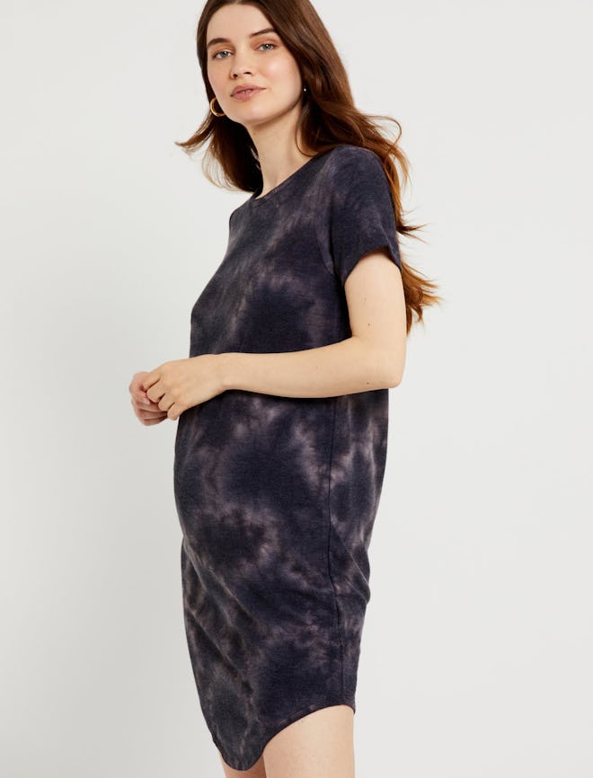 a jersey knit t-shirt dress in black and white tie dye